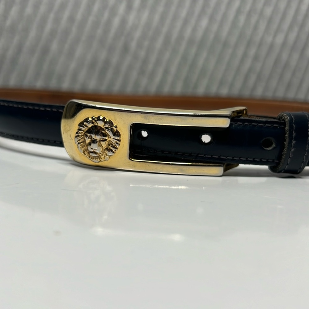 Vintage Anne Klein Belt Skinny Lion Logo Minimalist Classic Leather 90’s Navy
